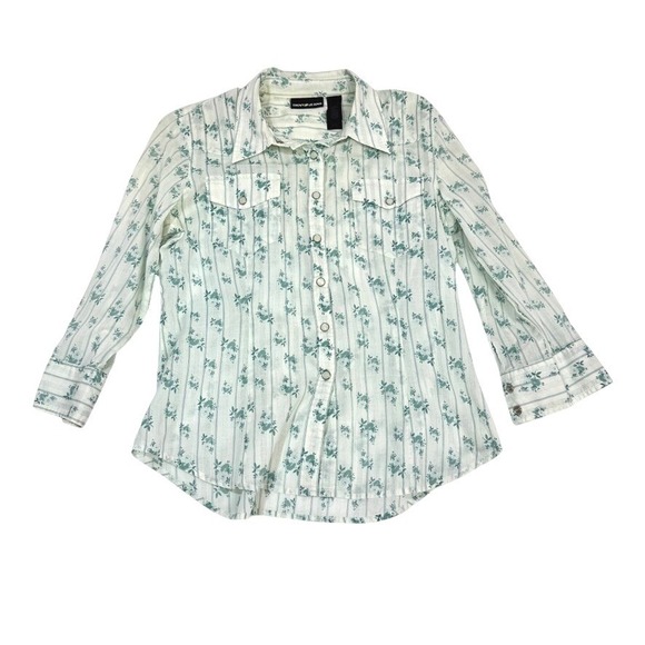 Vtg DKNY Jeans Western Revival Floral Pearl Snap Shirt Long Sleeve M Size 10 - Picture 3 of 4